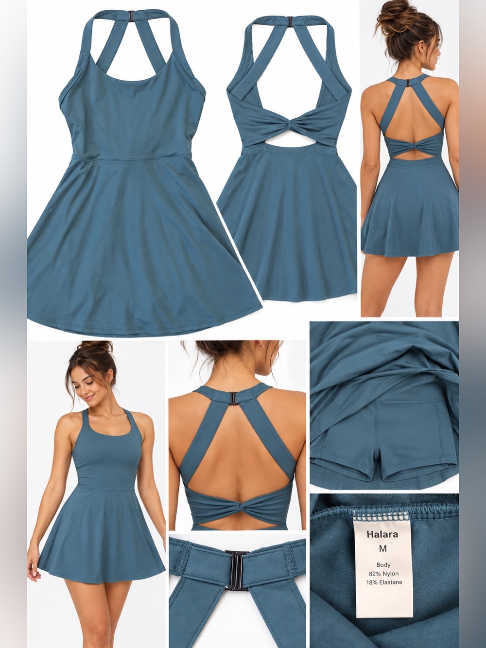 HALARA Teal Blue Twist-Back Skater Dress